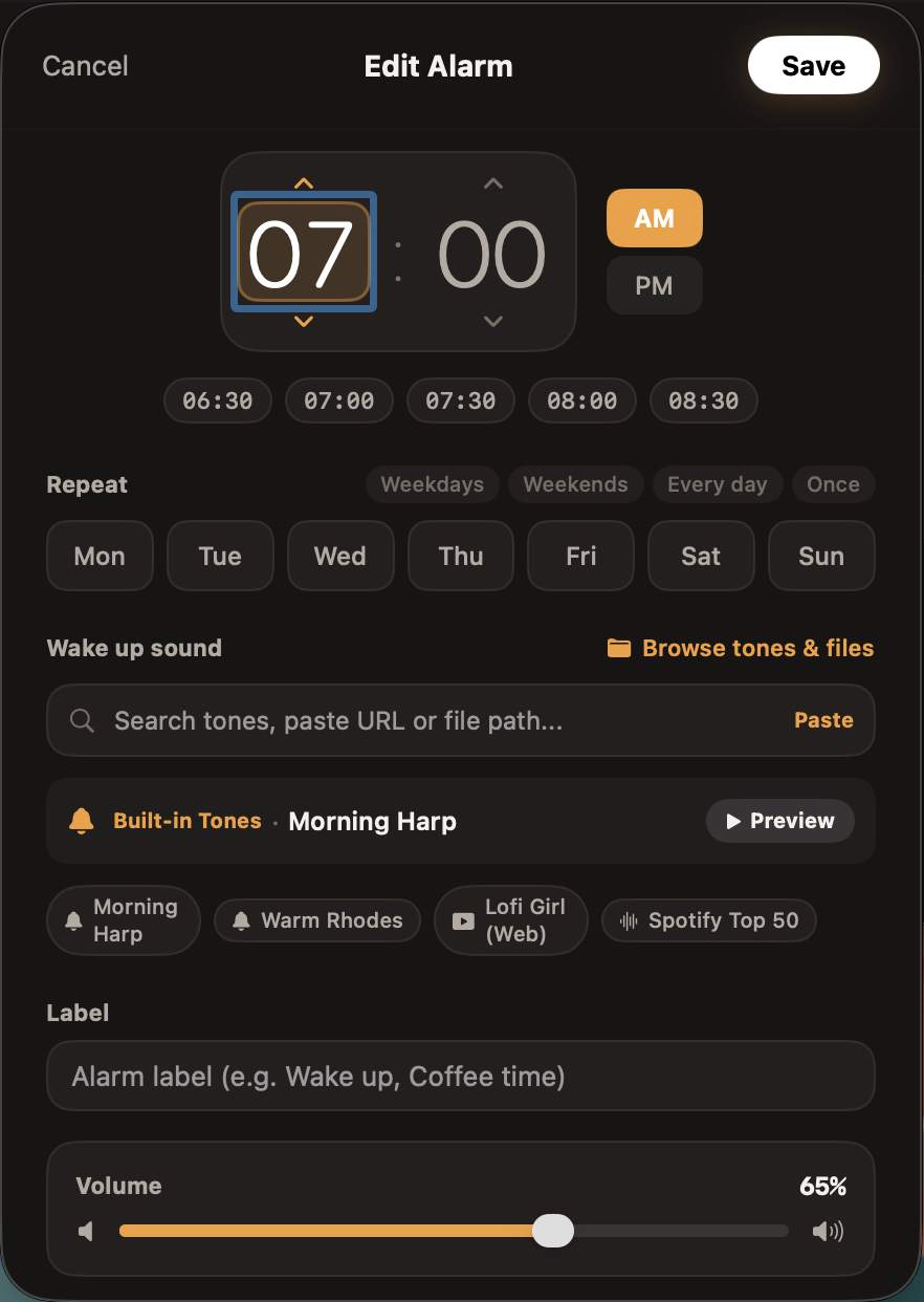 Alarm editor with a single input field